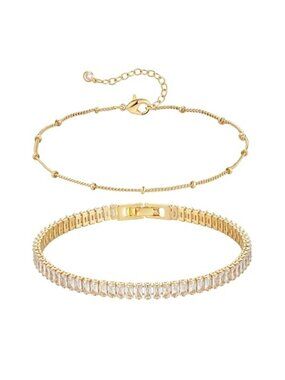 Gold Tennis Bracelet Set Layered Stackable Chain Adjustable Womens Jewelry